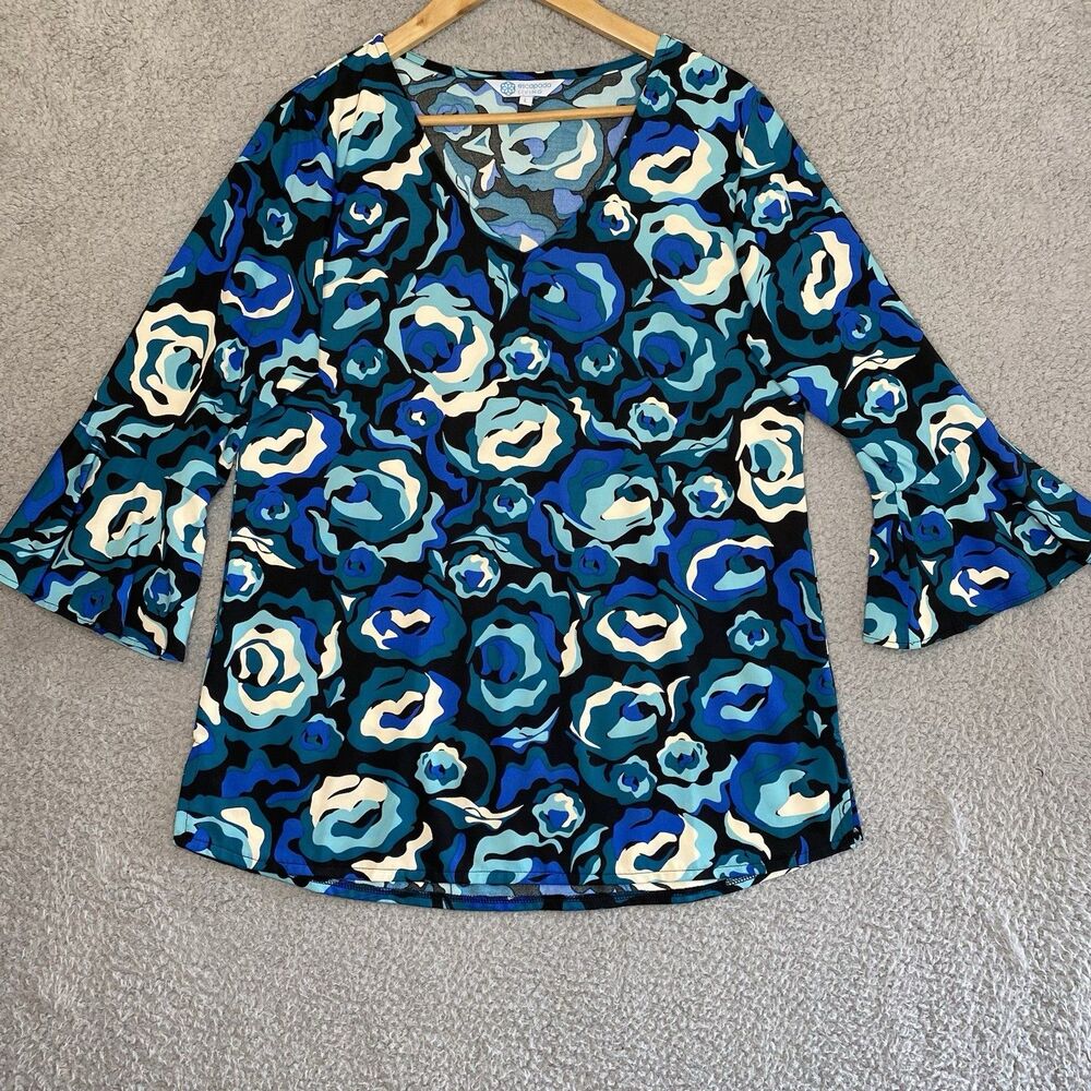 Escapada Living Artsy Floral Watercolor Tunic Stretch Bell Sleeve Blue Size L